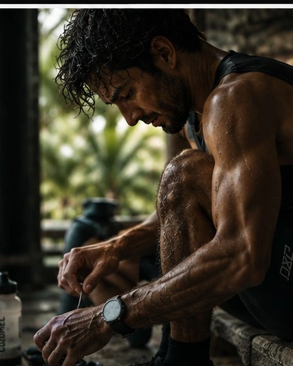 An athlete preparing equipment before an early training session.