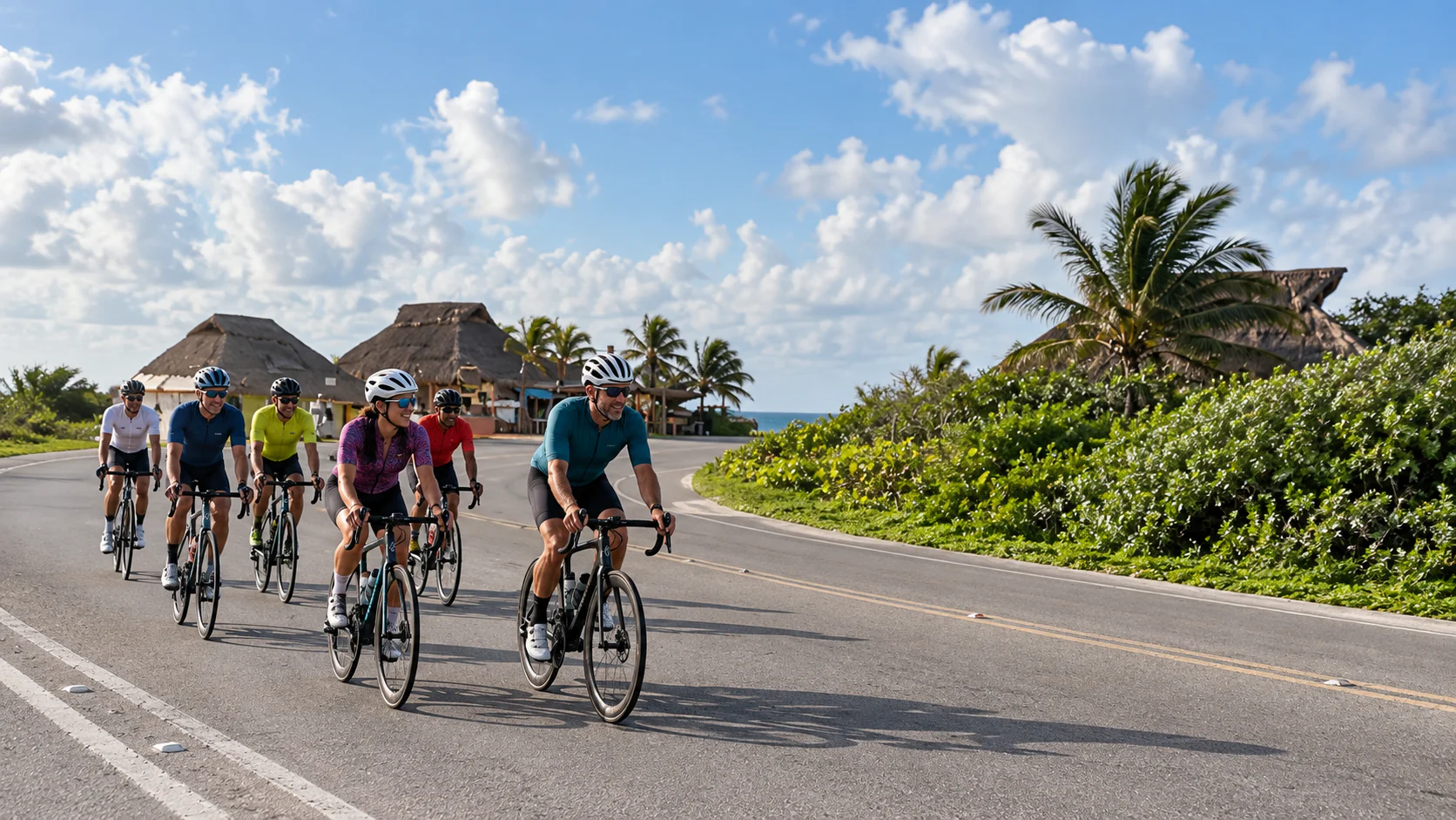 A group of cyclists riding the flat eastern coastal road on Cozumel