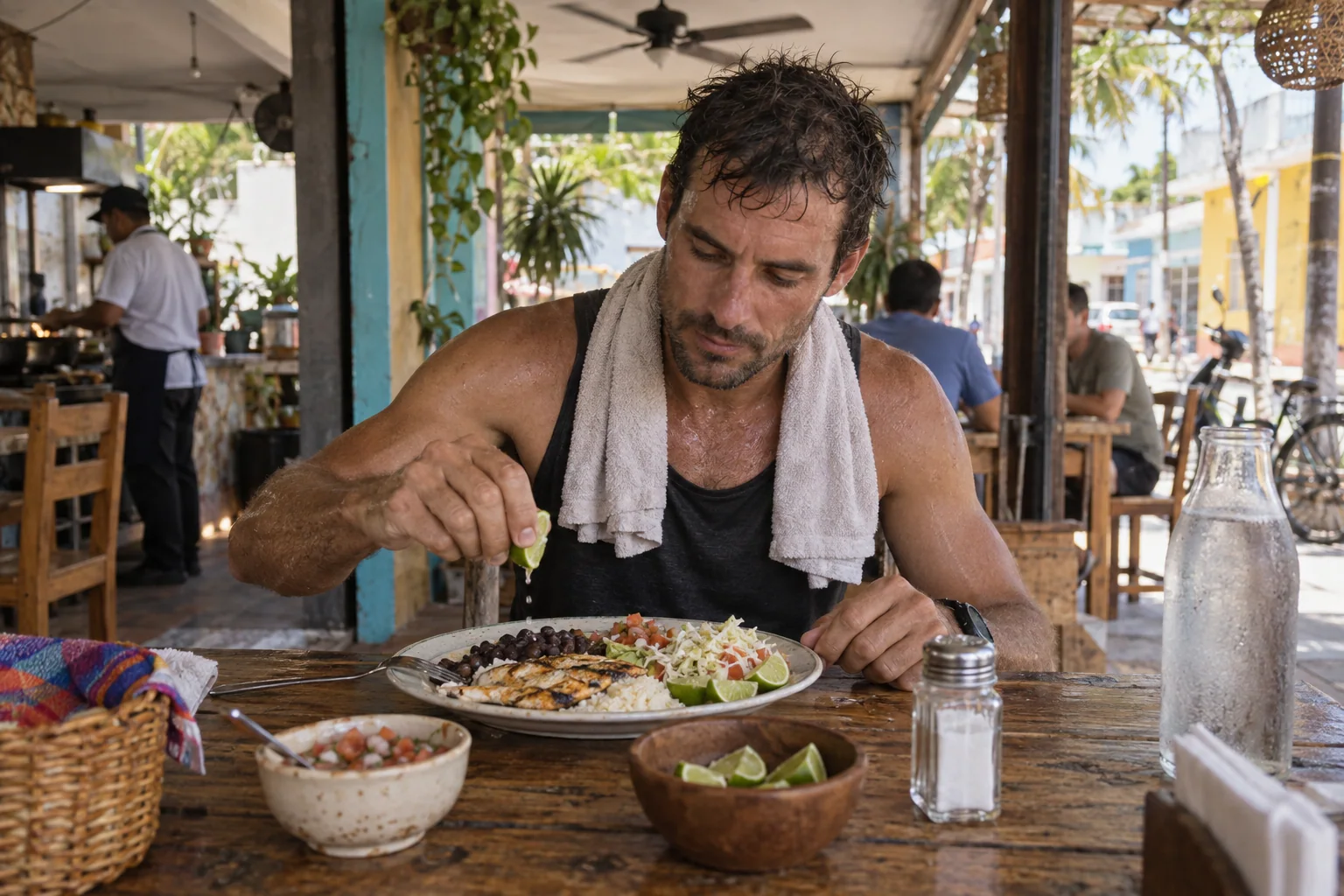 A male endurance athlete eating a simple recovery meal at a local Cozumel restaurant