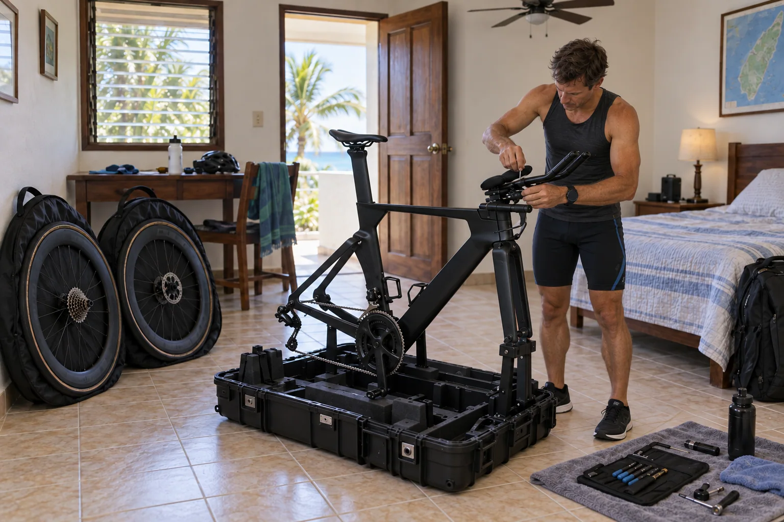 A male triathlete assembling his time-trial bike after arriving at simple accommodation on Cozumel