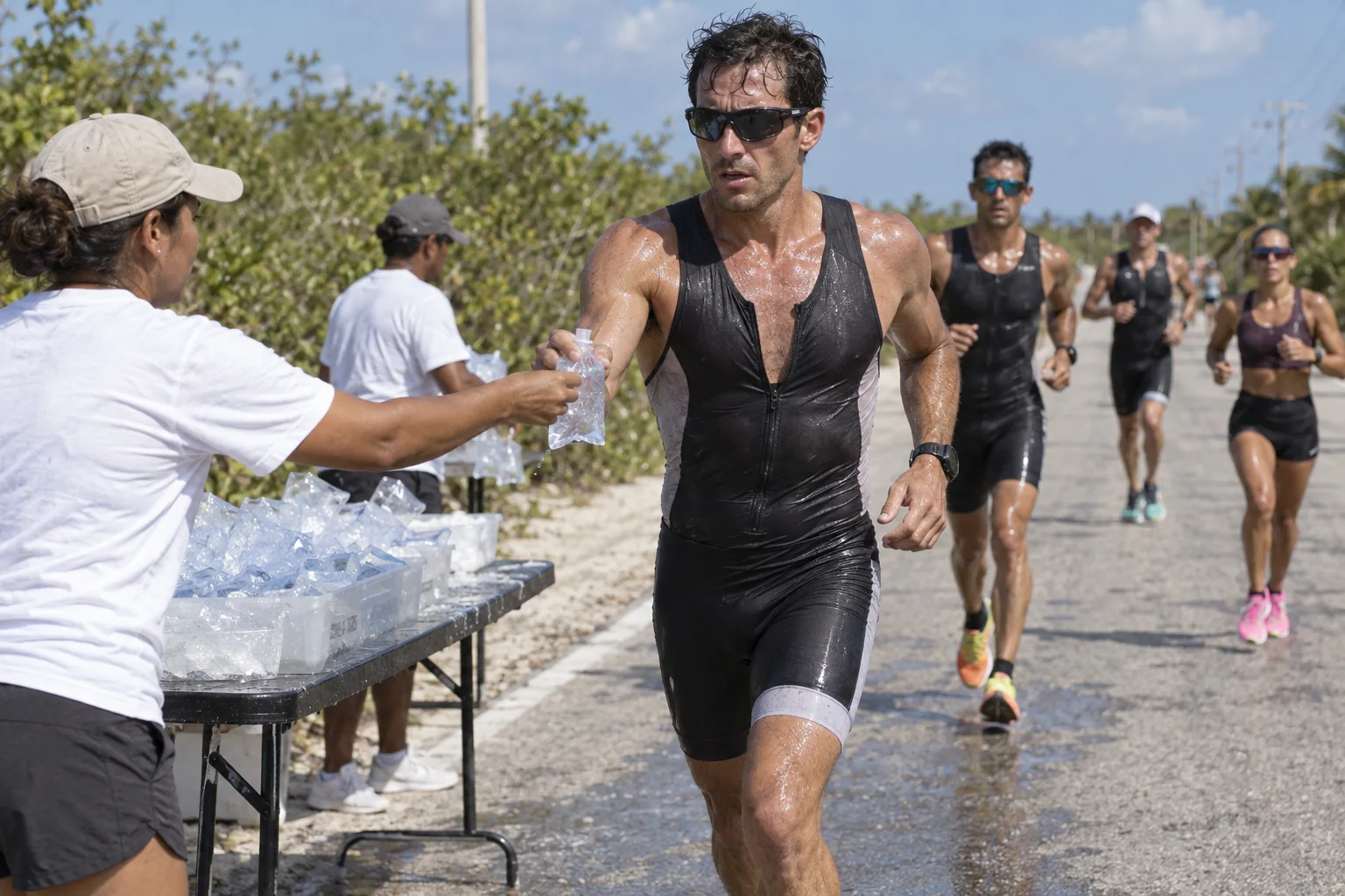 A male triathlete taking a flexible water pouch from a volunteer at a Cozumel race aid station