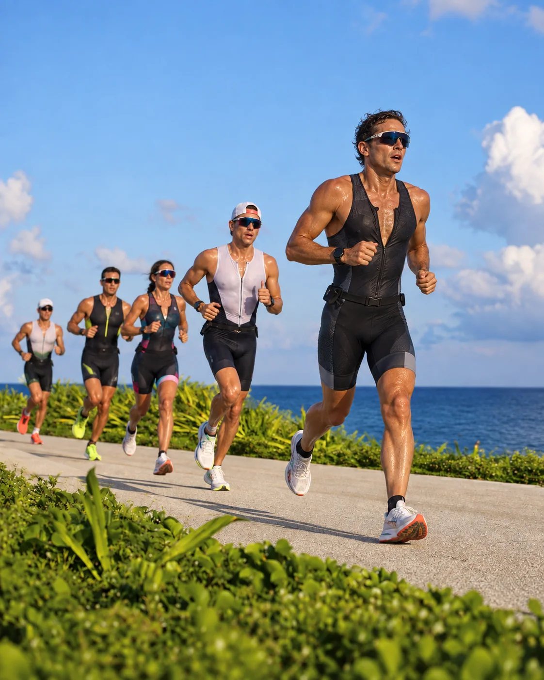 Triathletes running on a flat coastal road beside the Caribbean on Cozumel